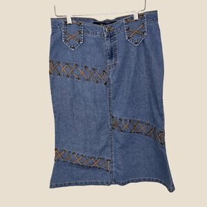 Deal Denim Lace Up Y2K Trumpet Midi Skirt Blue Medium 90s Western‎ Boho Festival